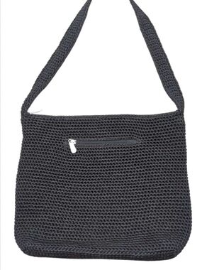 Handwoven Black Crochet Shoulder Bag with Front Zip